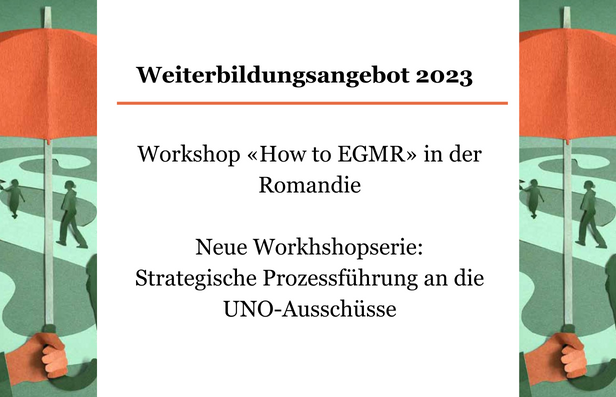 Unsere Workshopserie «How to EGMR» ist auf viel Interesse gestossen und wird mit einem letzten Online-Workshop zur unentgeltlichen Rechtspflege am 4. April 2023 abgeschlossen. Im 2023 ergänzen wir unsere Wissensvermittlung zur strategischen Prozessführung mit einer neuen Workshopreihe zum Individualbeschwerdeverfahren an die UNO-Ausschüsse.
